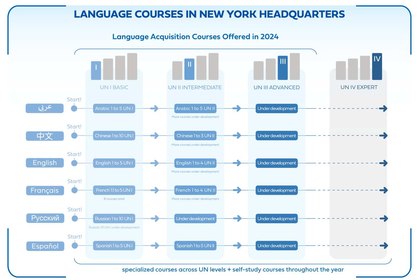 Language Acquisition Courses Illustration, showing levels, and languages.