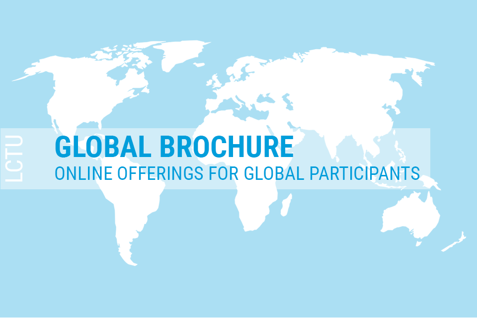 A world map with blue background and white maps. Text reads 1-Global brochure, line 2-course offerings for global participants.