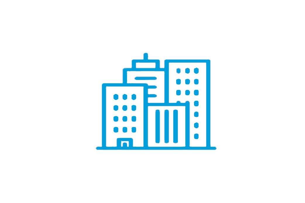 A blue line icon representing four buildings.