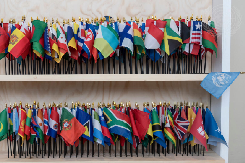 A shelf displaying a variety of flags from different countries, showcasing cultural diversity and international representation.